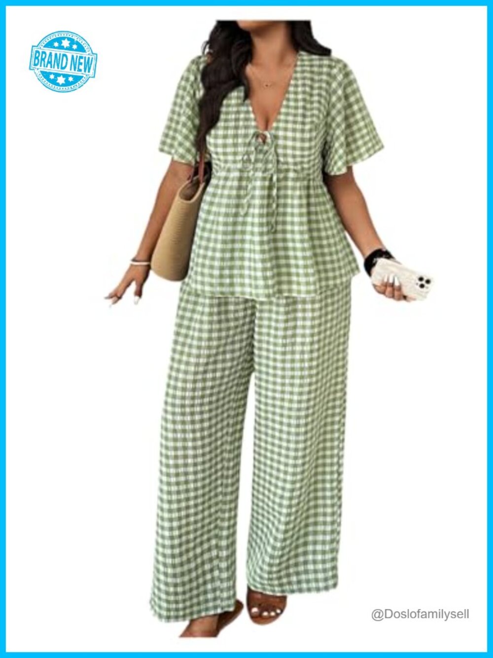 SOLY HUX Womens Plus Size 2 Piece Gingham Pant Set Tie Front